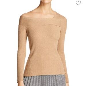 Donna Karan tan Ribbed Asymmetric Neck Sweater